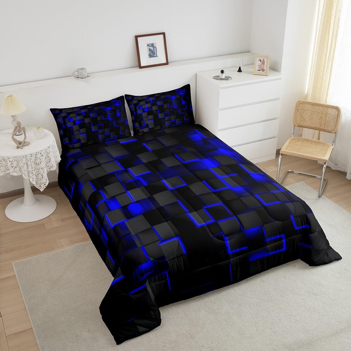 Feelyou Blue and Black Bedding Set Full Size Light Geometric Comforter Set for Kids Boys Girls Decor Comforter Modern Style Duvet Set - Image 3