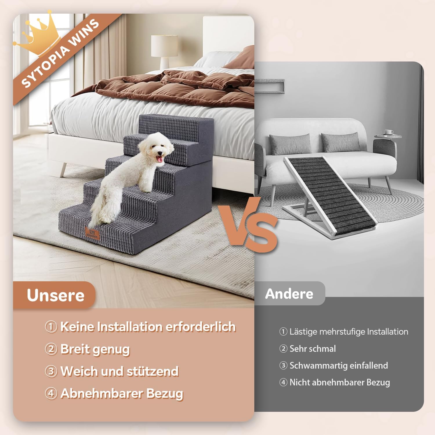 Sytopia Escalera para perros grandes, 5 peldaños de altura, para cama de 60 cm, lavable, espuma de alta densidad, para perros mayores heridos (57 cm de altura, gris)