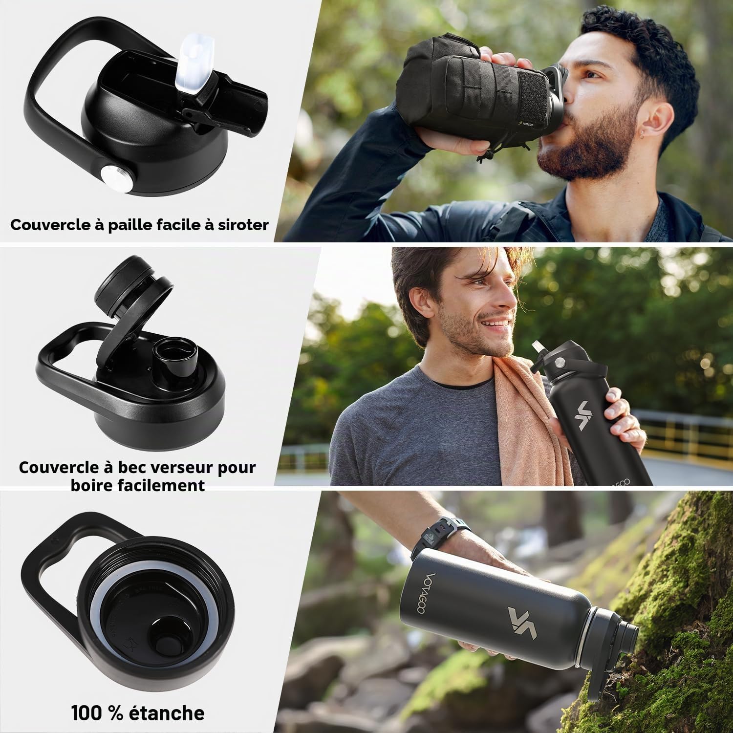 Bouteille d'eau tactique en acier inoxydable - Bouteille isotherme pour l'extérieur, la randonnée, le camping, la chasse - 32 oz - Noir