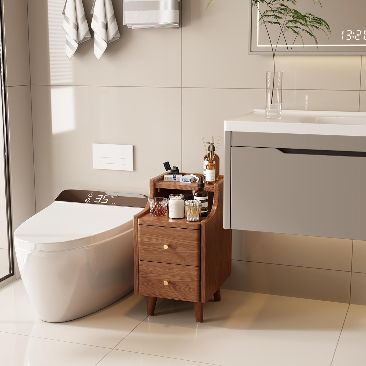 Narrow Nightstand with 2 Drawers,Walnut Nightstand,Bedside Table,Solid Wood Modern Bedside Table for Bedroom,Study,Toilet