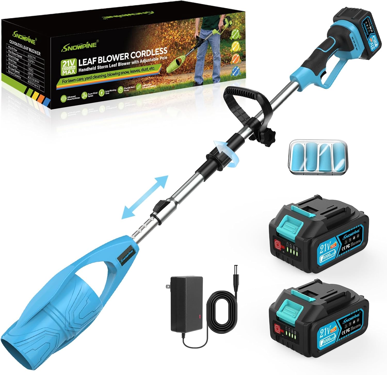 Cordless Leaf Blower,400000RPM Handheld Air Duster with Adjustable Pole,21V Max 4.0Ah*2 Batteries and Charger,Lightweight Air Broom for Easy Debris Removal,Lawn Care and Yard Cleaning,etc. (Blue)