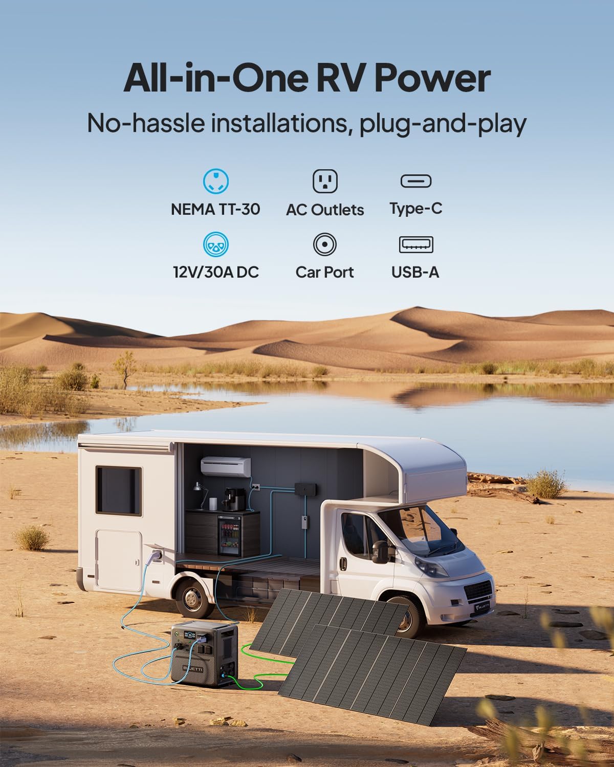 BLUETTI AC240 providing power to an RV with solar panels