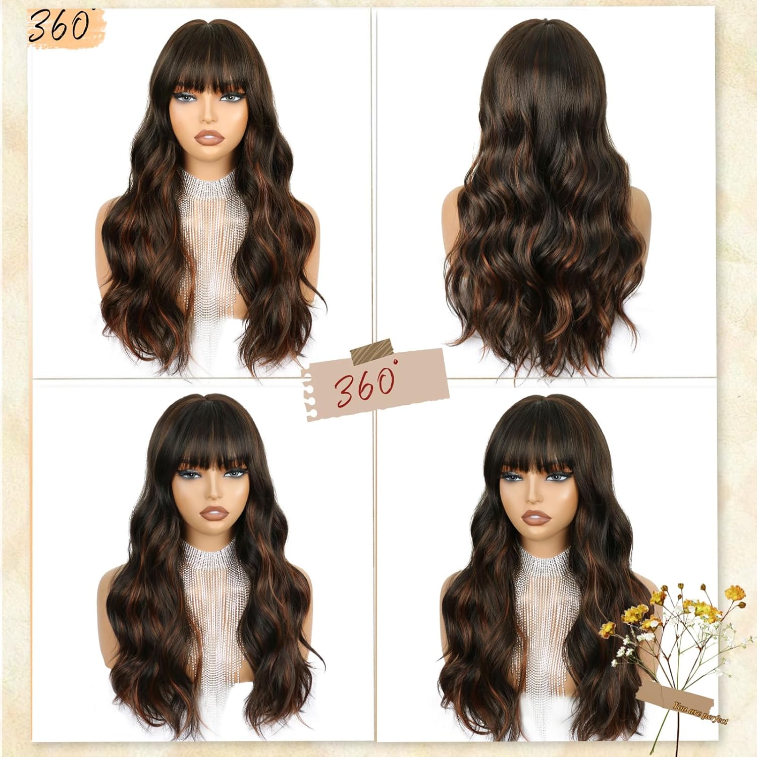 SUKRI Long Wavy Wig with Bangs for Women Brown Highlight Curly Wigs Natural Wavy Synthetic Wigs for Daily Party Cosplay 20 Inch (Brown Highlight)