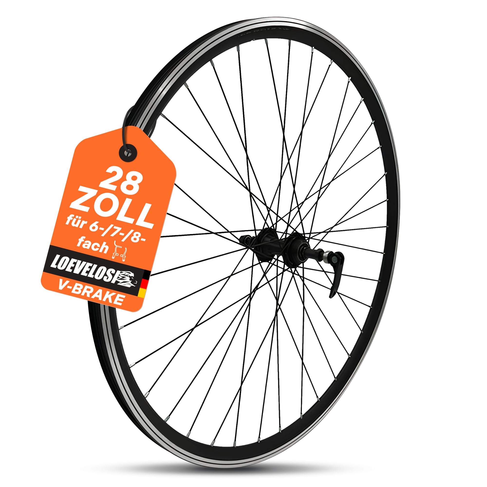Roue arrière de trekking de 28", couronne de vis 6/7/8 vitesses, axe complet de 135 mm, 9 mm, 36 rayons, jante creuse en aluminium, frein sur jante V-Brake, noir LOEVELOSI
