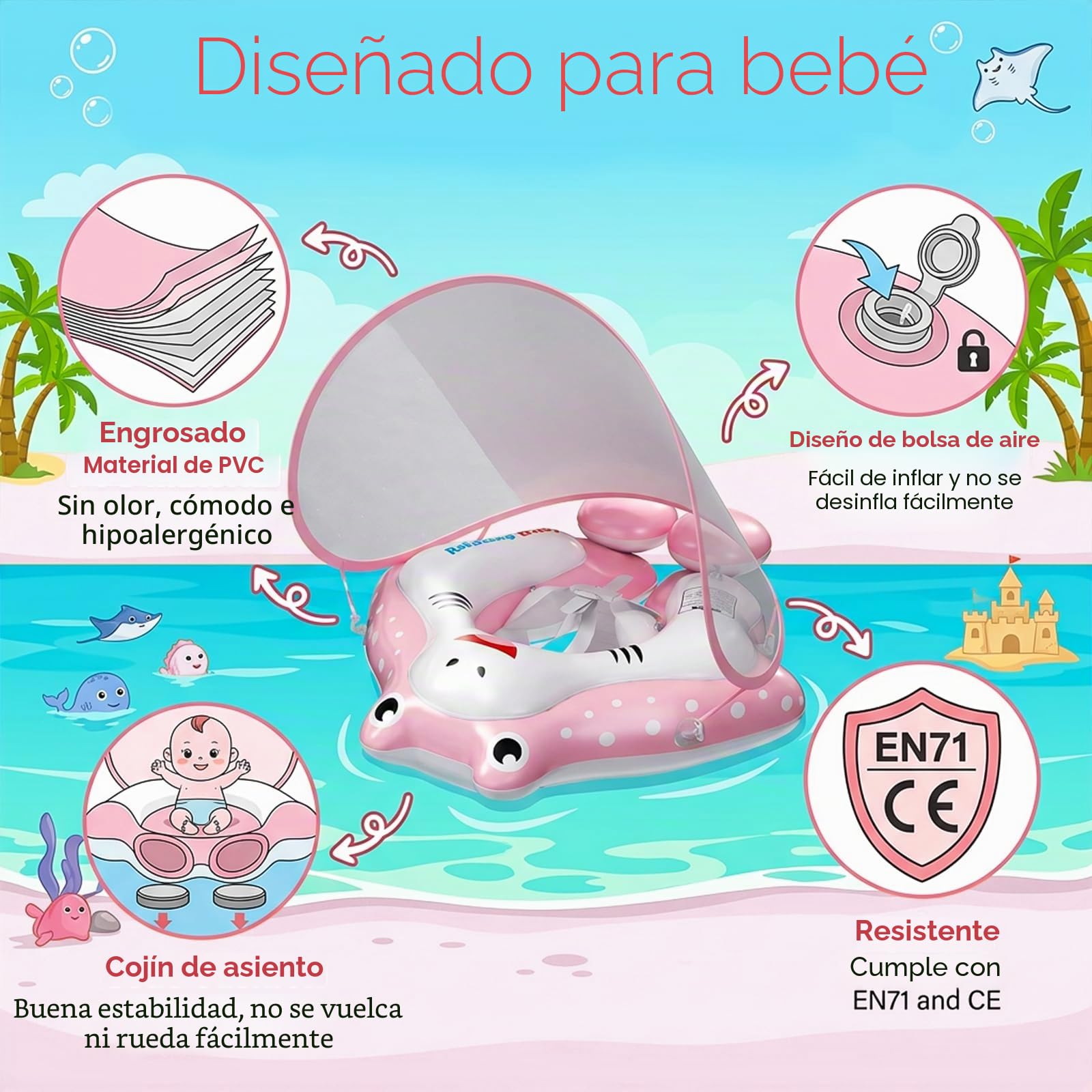 Qoosea Anillo de Natación para Bebé de 6 Meses a 3 años, Inflable Anillo de Natación Niños con Dosel Solar Protector UPF50+, Flotador para Bebé, Boya de Verano Agua Juguete Boya Piscina