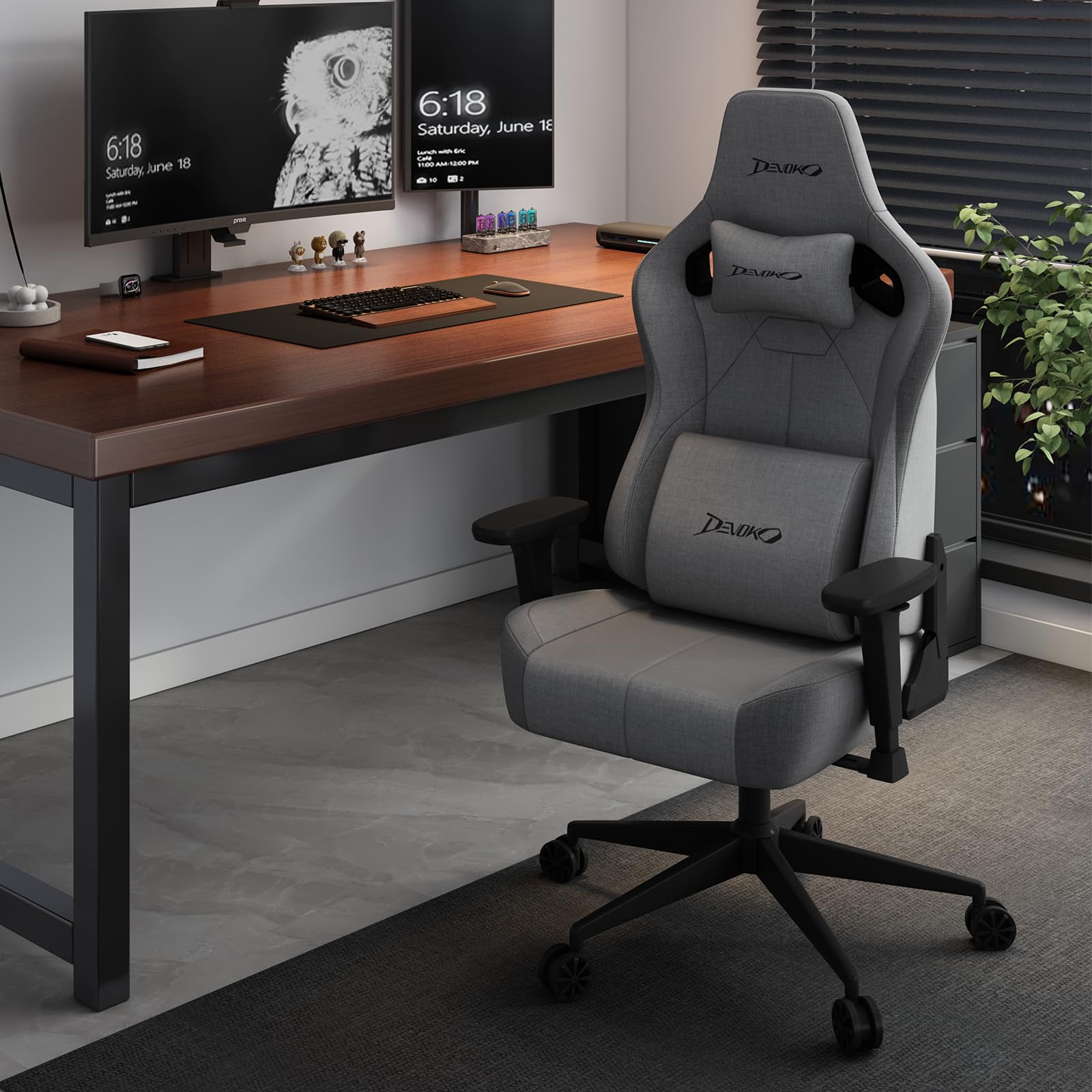Devoko Sedia Gaming Ergonomica in Tessuto Traspirante, Schienale 90–135°, Braccioli 3D Regolabili, Supporto Lombare e Poggiatesta, Sedia Ufficio Gaming per Adulti, Grigio Scuro