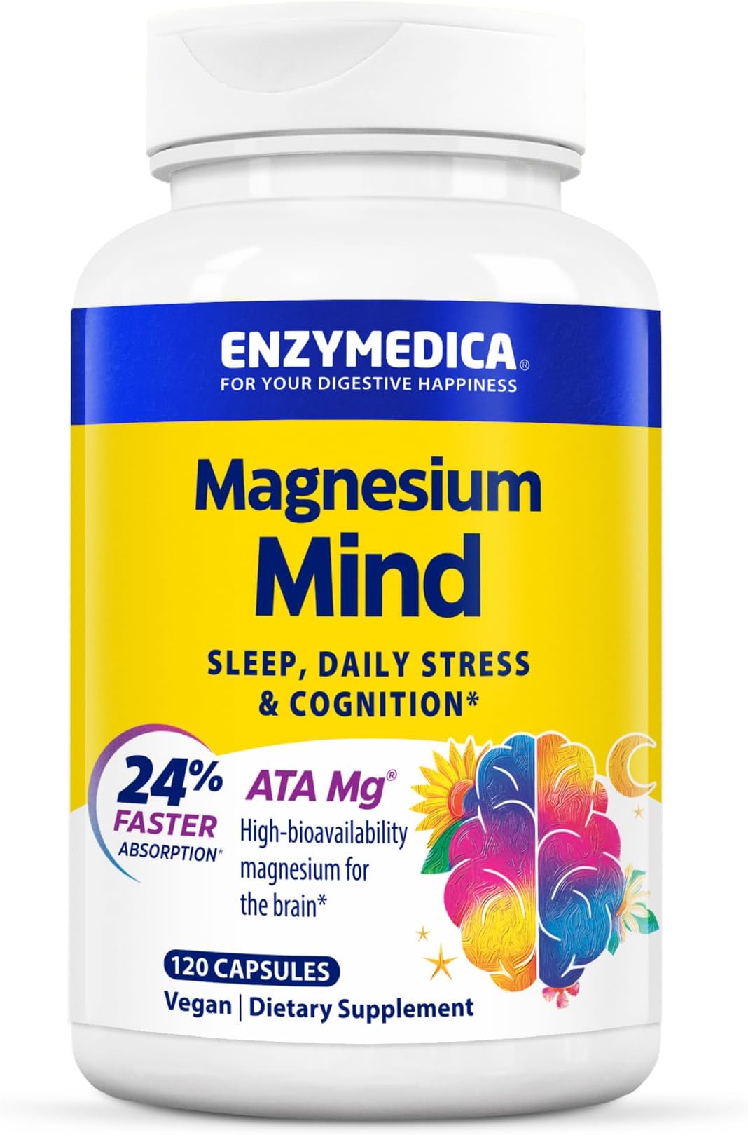 Magnesium Mind with ATA Mg, 24% Faster Absorption, High-Bioavailability Magnesium for Sleep, Stress & Cognition, 120 Count