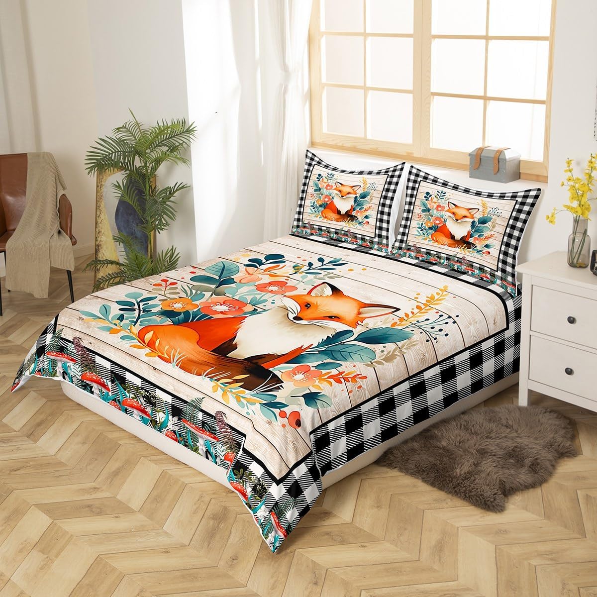 Manfei Cute Fox Kids Duvet Cover Set Twin Size, Mushroom Flower Leaf Bedding Set for Boys Girls, Rustic Farmhouse Wooden Planid Comforter Cover, Soft Polyester Quilt Cover, 1 Pillowcase,No Comforter