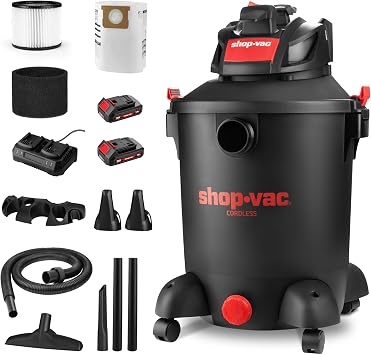 Shop-Vac 5430031 10 Gallon 20V Cordless Wet/Dry Vacuum with 1.5-inch x 7-Foot Hose, Includes 2 Extension Wands, Cartridge Filter, Collection Bag, and Foam Sleeve