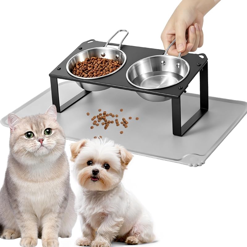Pote Elevado para Gatos com Tigelas de Aço Inoxidável, Inclinação de 10°, Tapete de Silicone e Alças HOVNKUT Preto 26ECB