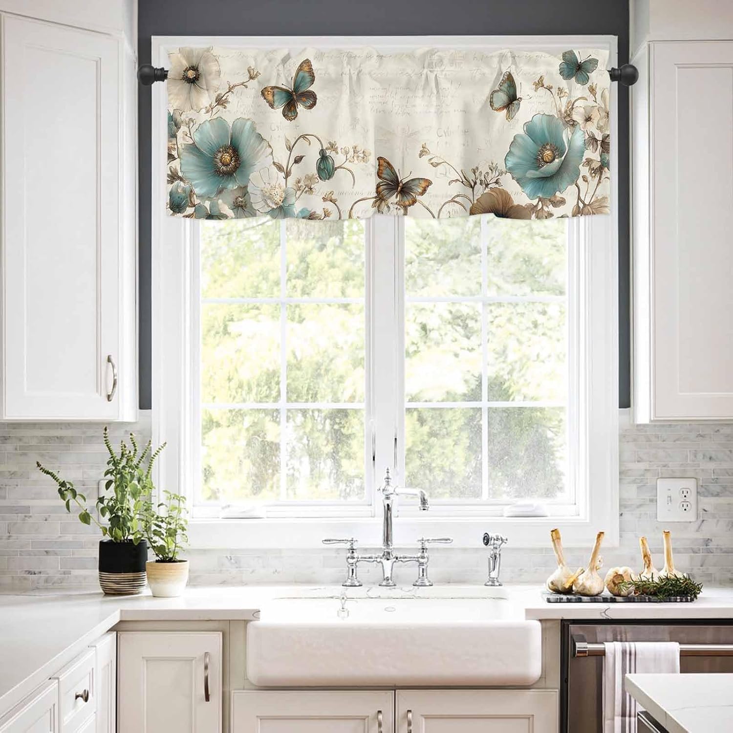 Teal Tulips Kitchen Curtains Set, Botanical Garden Floral Tier Curtain 24 Inches Length, Retro Pastoral Flower Butterfly Valance and Tiers Set Window Treatment Decor for Bedroom/Living Room