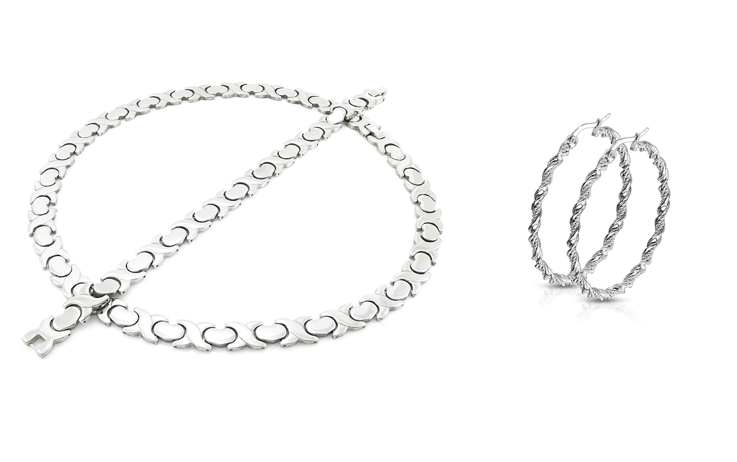 SPARKLE XOXO New Wide Hugs and Kisses Silver Stainless Steel Stampato Necklace Earring Bracelet Set 18 inches X and O