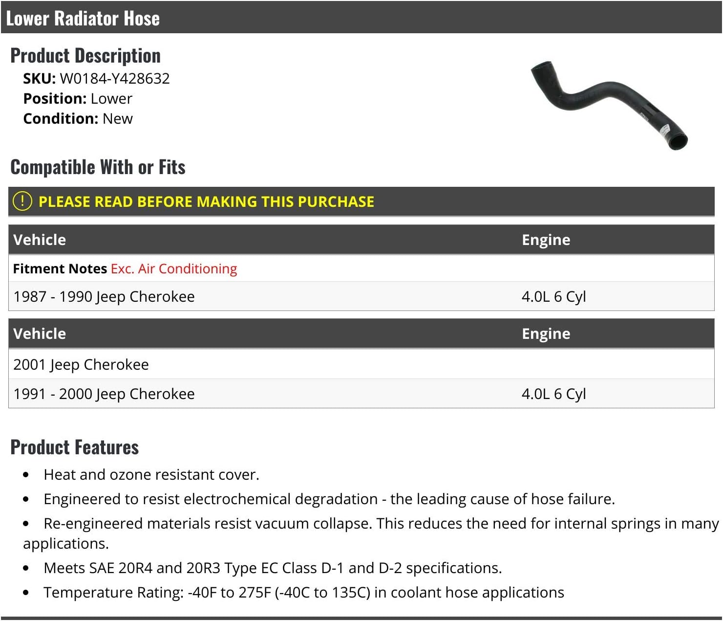 Lower Radiator Hose - Compatible with 1987-2001 Jeep Cherokee 4.0L 6-Cylinder
