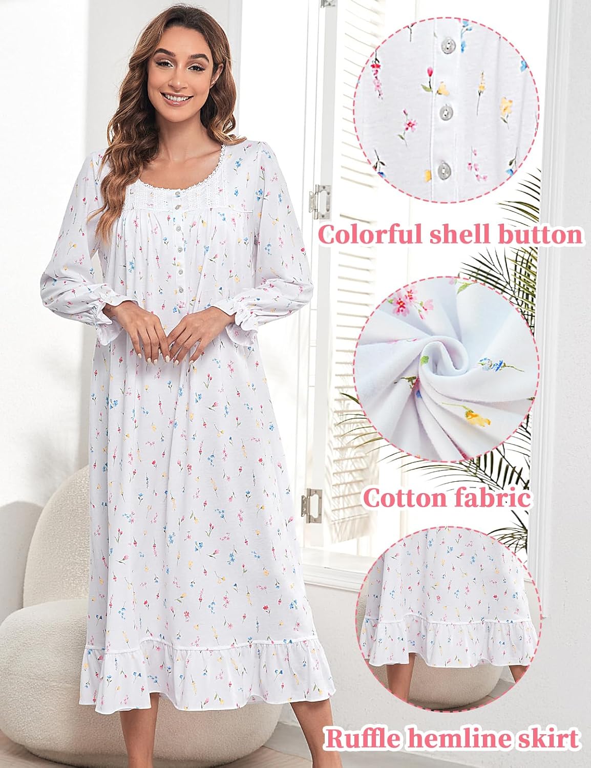 MZROCR Cotton Nightgowns For Women Long Sleeve Night Gowns Soft Women's Sleepwear Loungewear for Women Ladies Nightgowns - Image 3