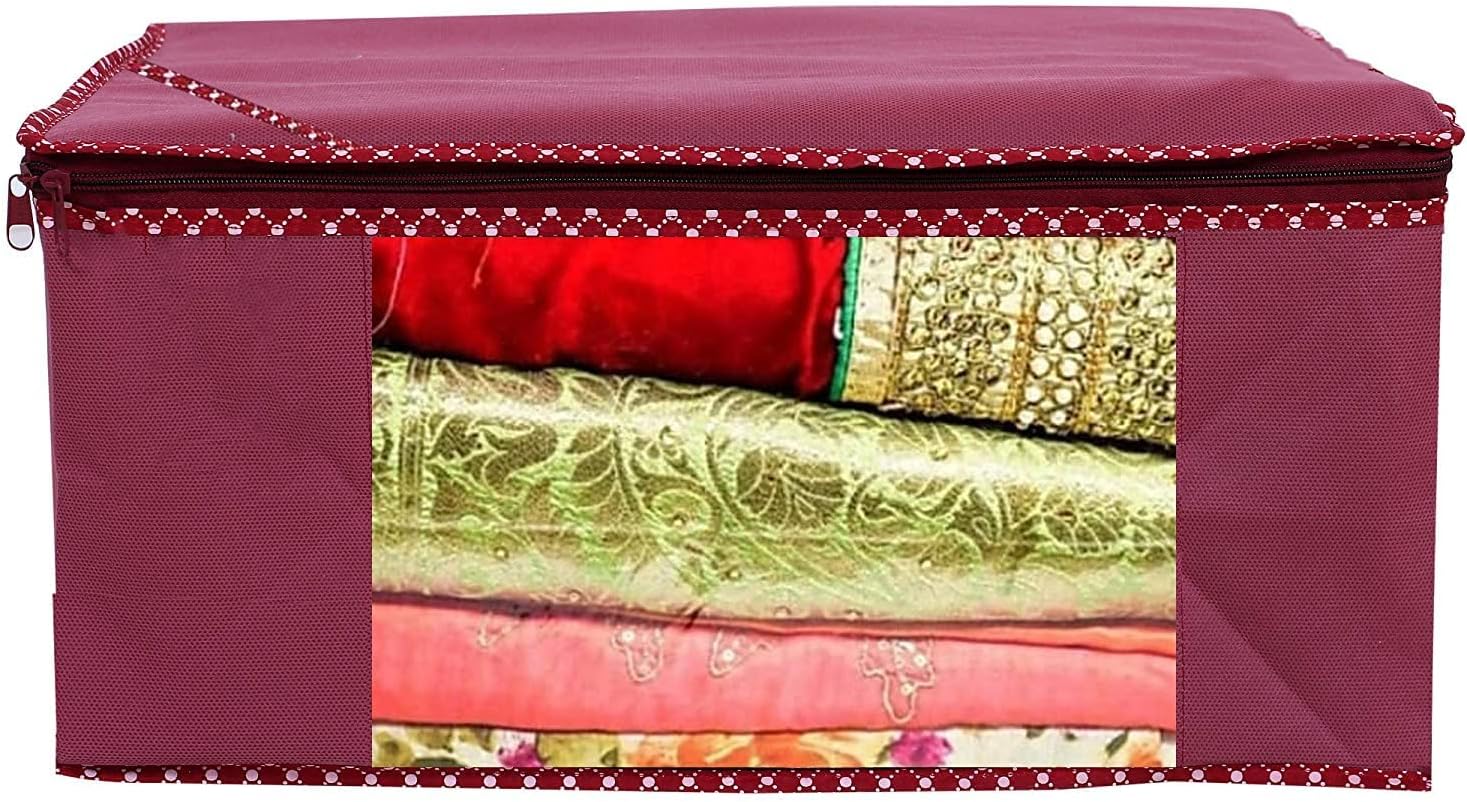 Jewar Mandi Garment Cover Non-Woven Printed Saree Cover Sari Organizer with Transparent Front Storage Bags for Clothes Pack Of 1 (Non-Woven Maroon)