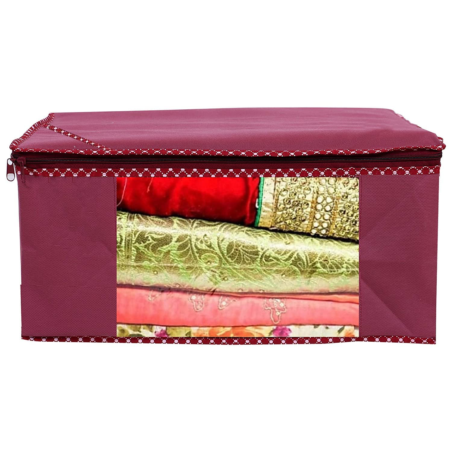 Jewar Mandi Garment Cover Non-Woven Printed Saree Cover Sari Organizer with Transparent Front Storage Bags for Clothes Pack Of 1 (Non-Woven Maroon)