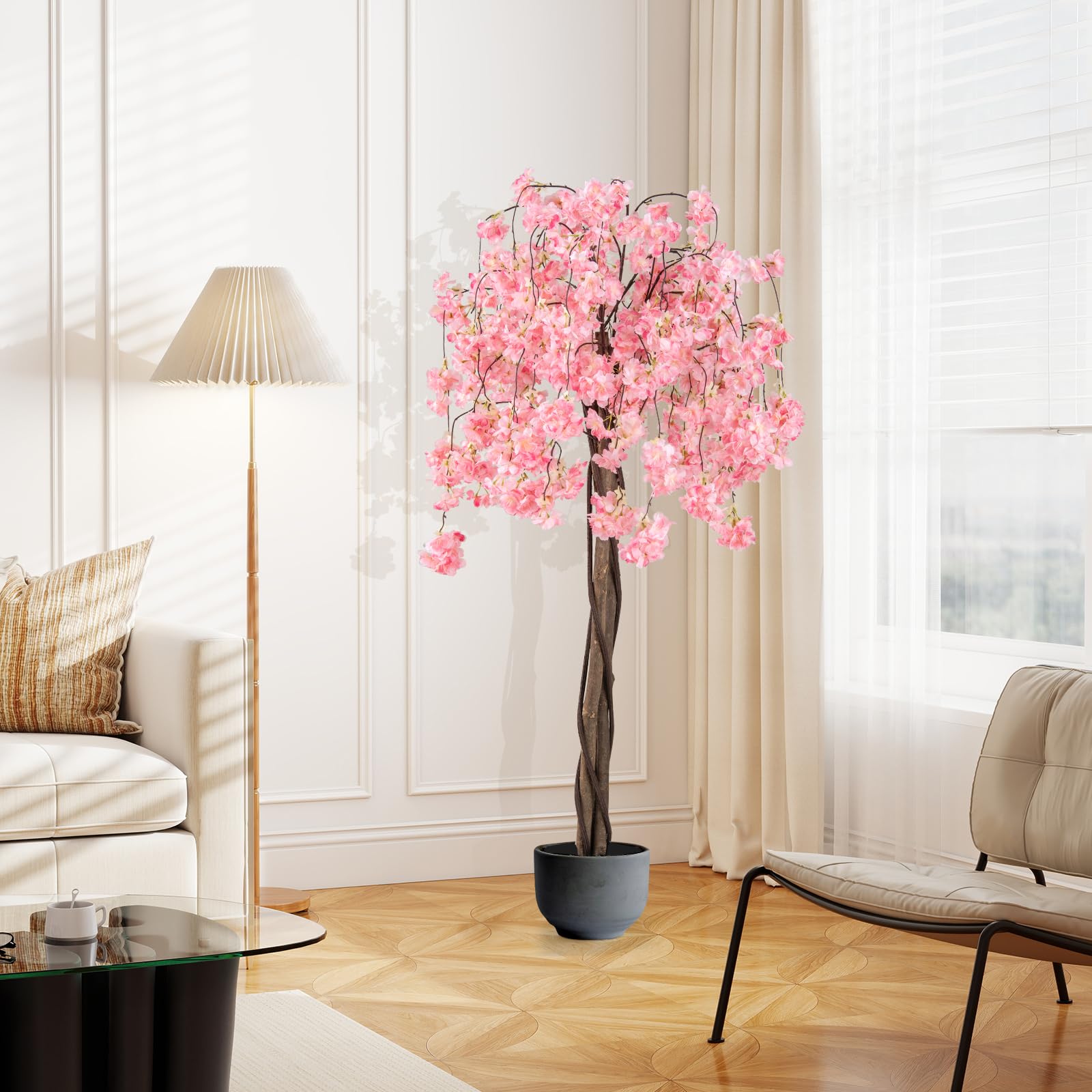 COSTWAY Cerisier Artificiel 163 CM avec Fleurs Roses et Blanches (Rose)