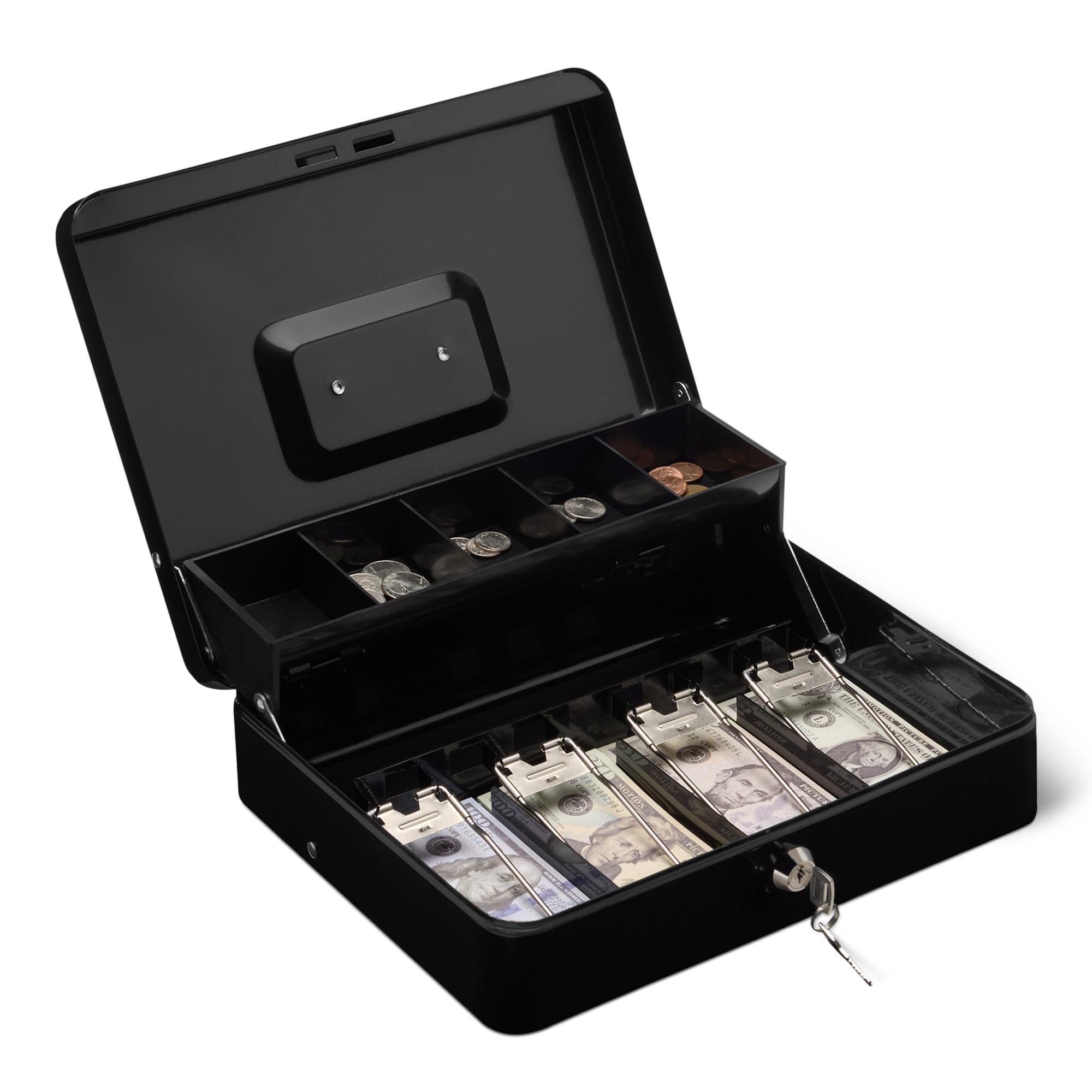 Amazon Basics Cash Box with Lock Key and Money Tray, 9 x 30 x 24 cm (H x W x D), Black