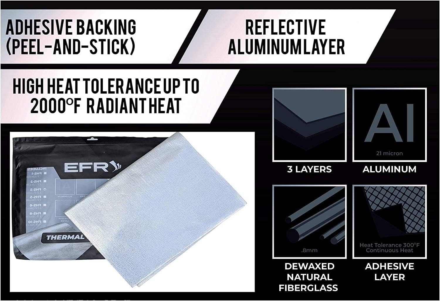 EFR Aluminum Fiberglass Heat Shield Mat – Self-Adhesive Thermal Barrier for Car, Motorcycle, Exhaust, Firewall & Engine Bay 6.5 Sq Ft (24" x 39")