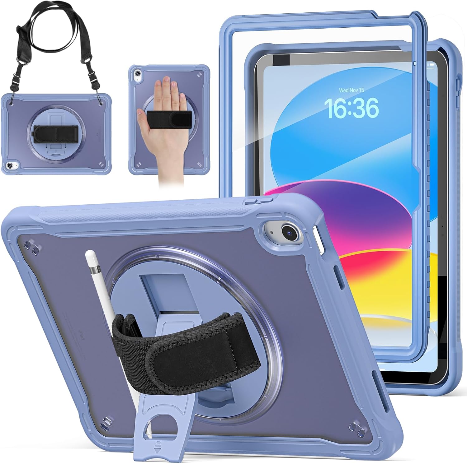 BRAECNstock case for iPad (A16) 11th/10th Generation 11/10.9 inch 2025/2022,Rugged Shockproof Protective Cover with 360° Rotating Hand Strap/Stand,Screen Protector,Pencil Holder,Lavender Grey