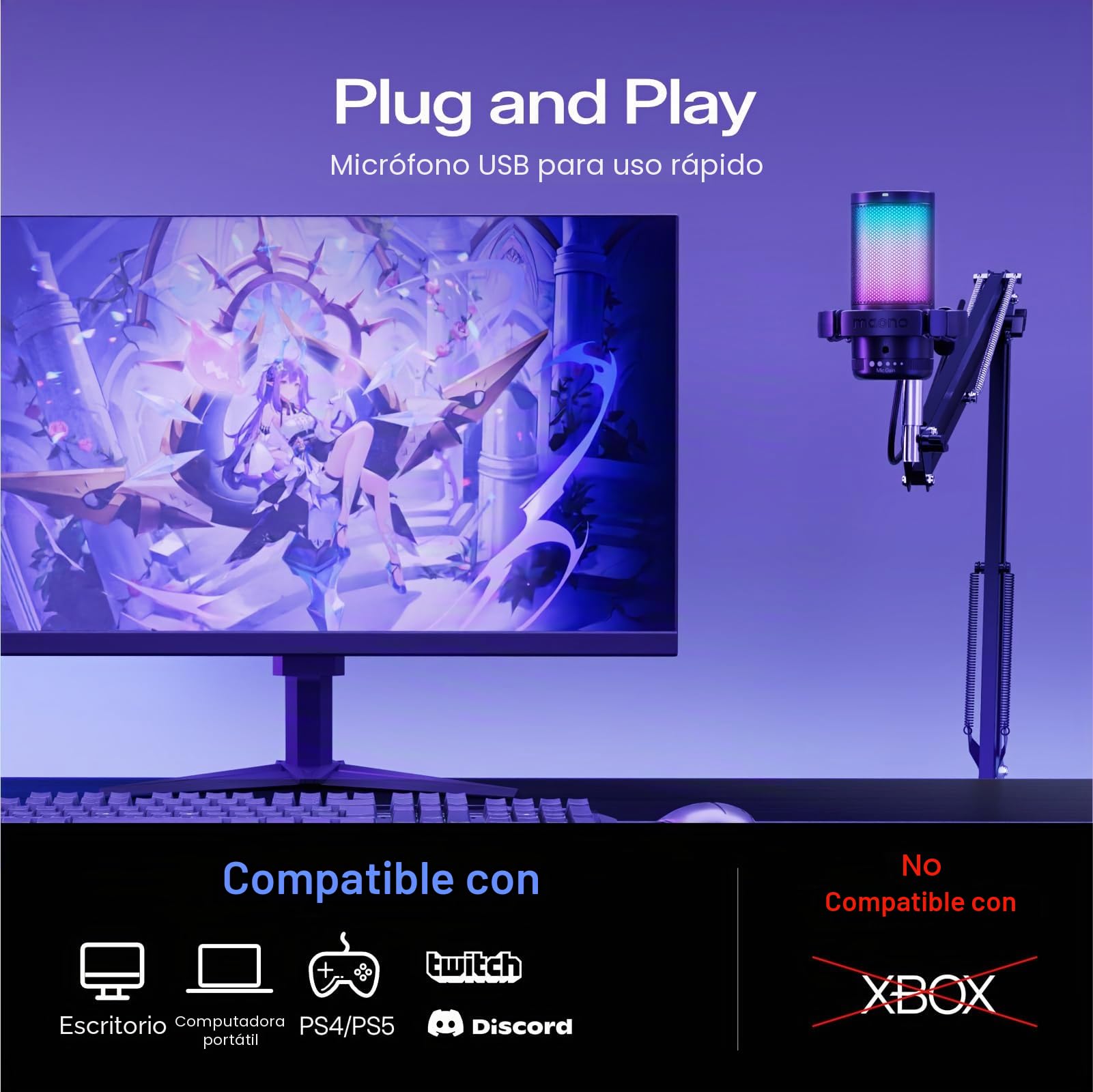 MAONO Microfono Gaming, USB Micrófono Condensador con Cancelación de Ruido para Streaming Podcast Studio, Compatible con PS5/PS4/Mac con Luces RGB Controlables, Botón de Silencio, Control de Ganancia