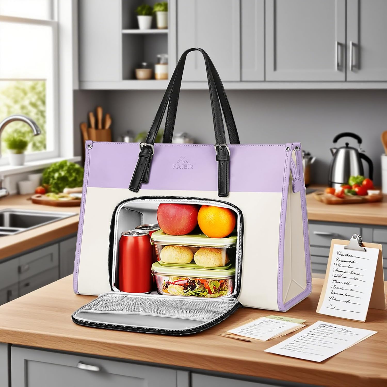 MATEIN Work Tote with Lunch Compartment, PU Leather 15.6 Inch Laptop Lunch Bags, Lightweight Lunch Purse Women with Laptop Compartment for Travel, Picnic, Ladies Gift, Light Purple - Image 3