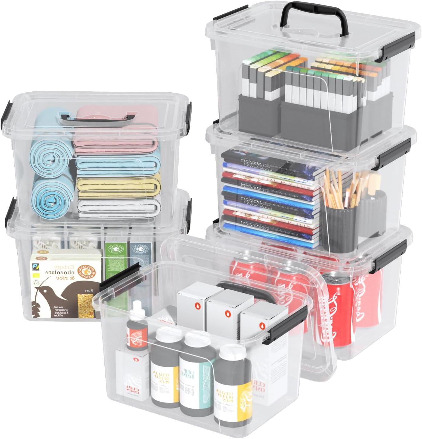 Bacs de rangement petits de 6 quarts avec couvercles à verrouillage et poignée, 6 paquets | Conteneurs de rangement empilables, boîte de rangement transparente
