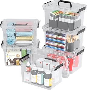 6 Quart Small Storage Bins with Latching Lids & Handle, 6 Packs | Stackable Storage Containers, Clear Storage Box