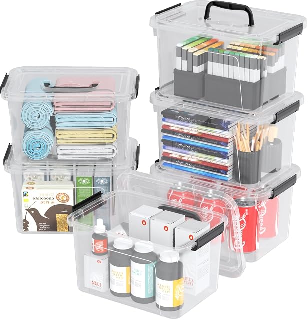Bacs de rangement petits de 6 quarts avec couvercles à verrouillage et poignée, 6 paquets | Conteneurs de rangement empilables, boîte de rangement transparente