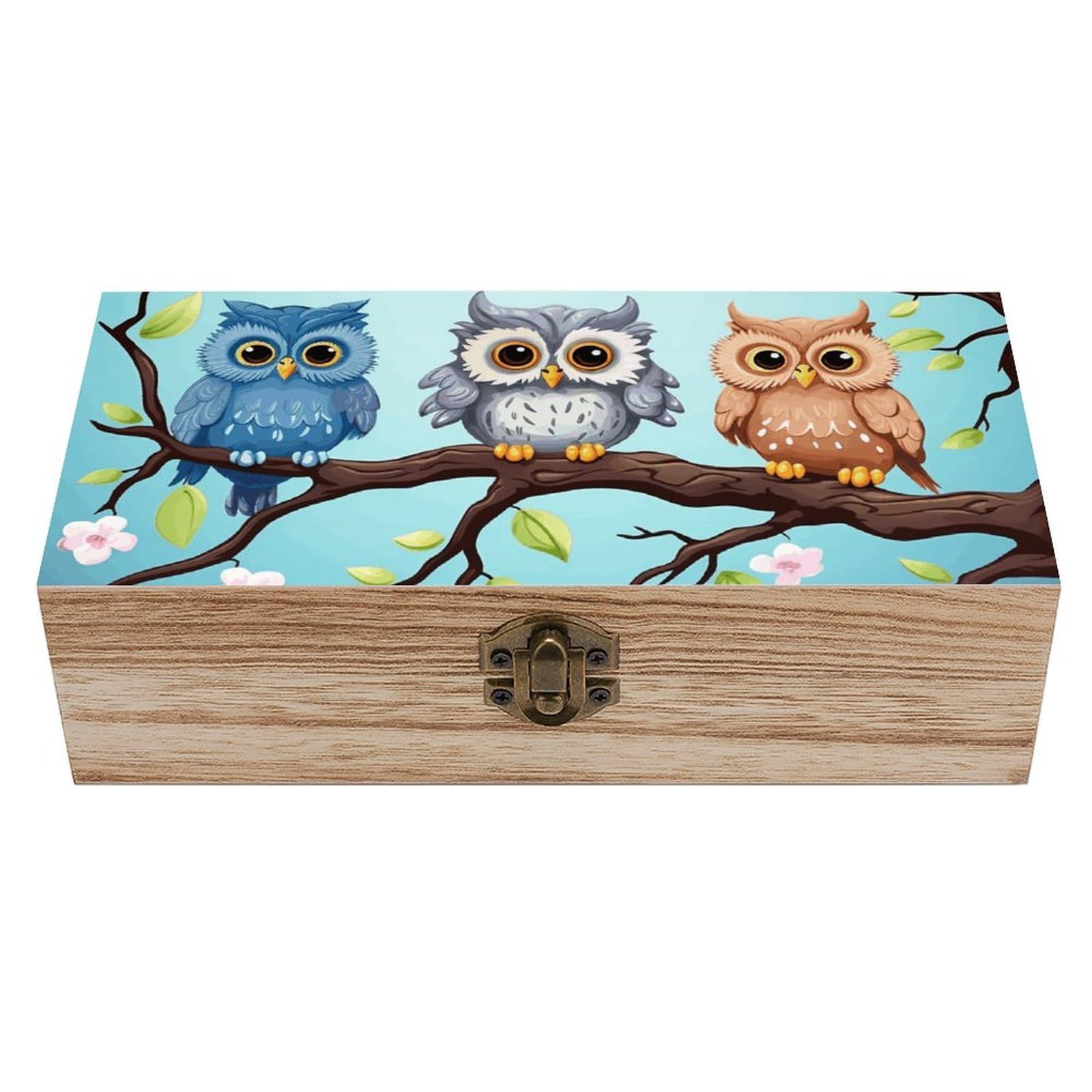 LZQPOEAS Owls on A Branch Wooden Storage Box Small Decorative Box with Hinged Lid Handmade Elegant Keepsake Storage Box for Jewelry, Photos, Trinkets, Letter Gifts, Small Heirlooms