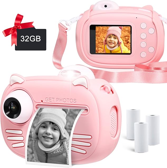 MINIBEAR Kids Instant Print Camera for Girls, 40MP Kids Digital Camera with Printing Paper, 2.4" Screen Selfie Video Camera, Child Toy Camera with 32GB TF Card (Pink)