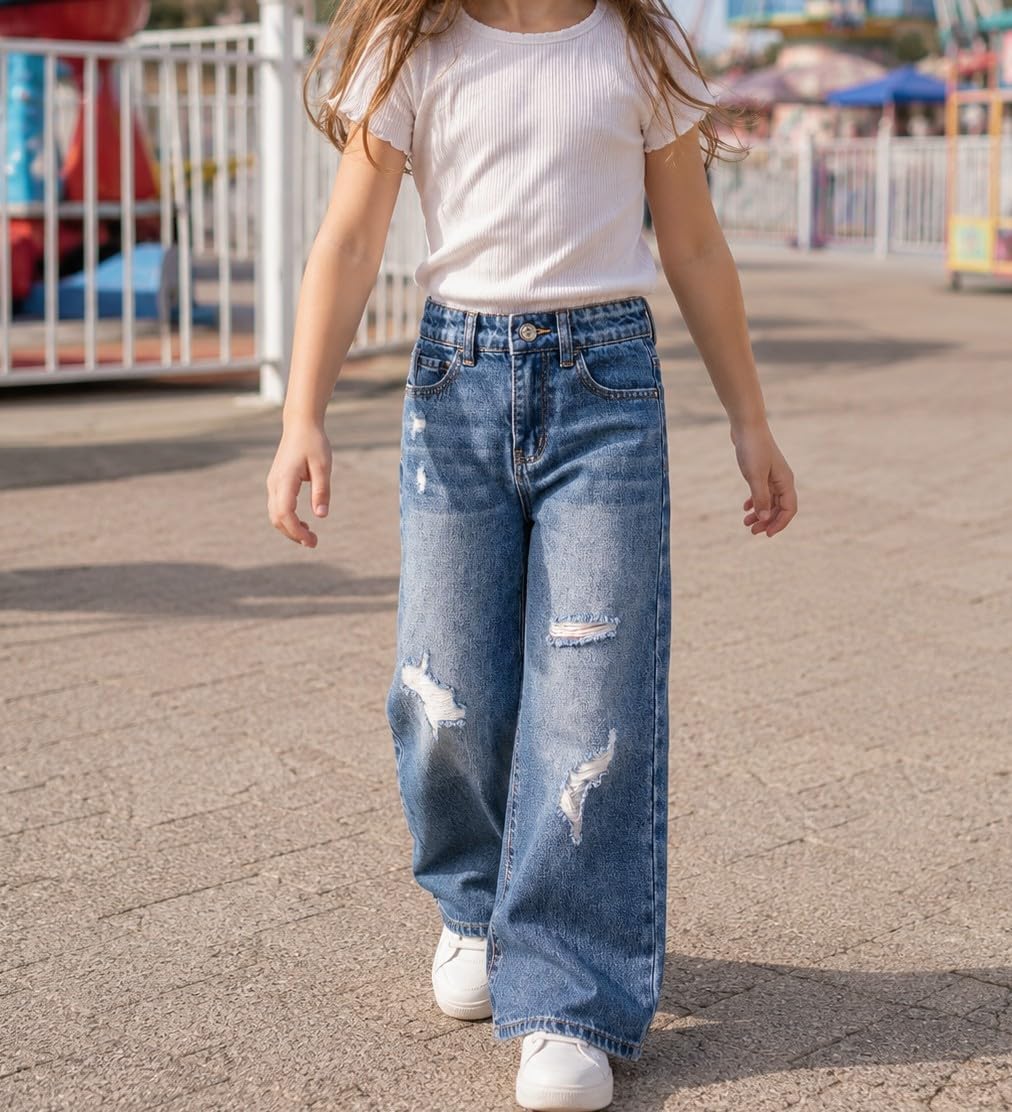 KIDSCOOL Little Big Girls Casual Wide Leg Ripped Jeans Washed Denim Pants