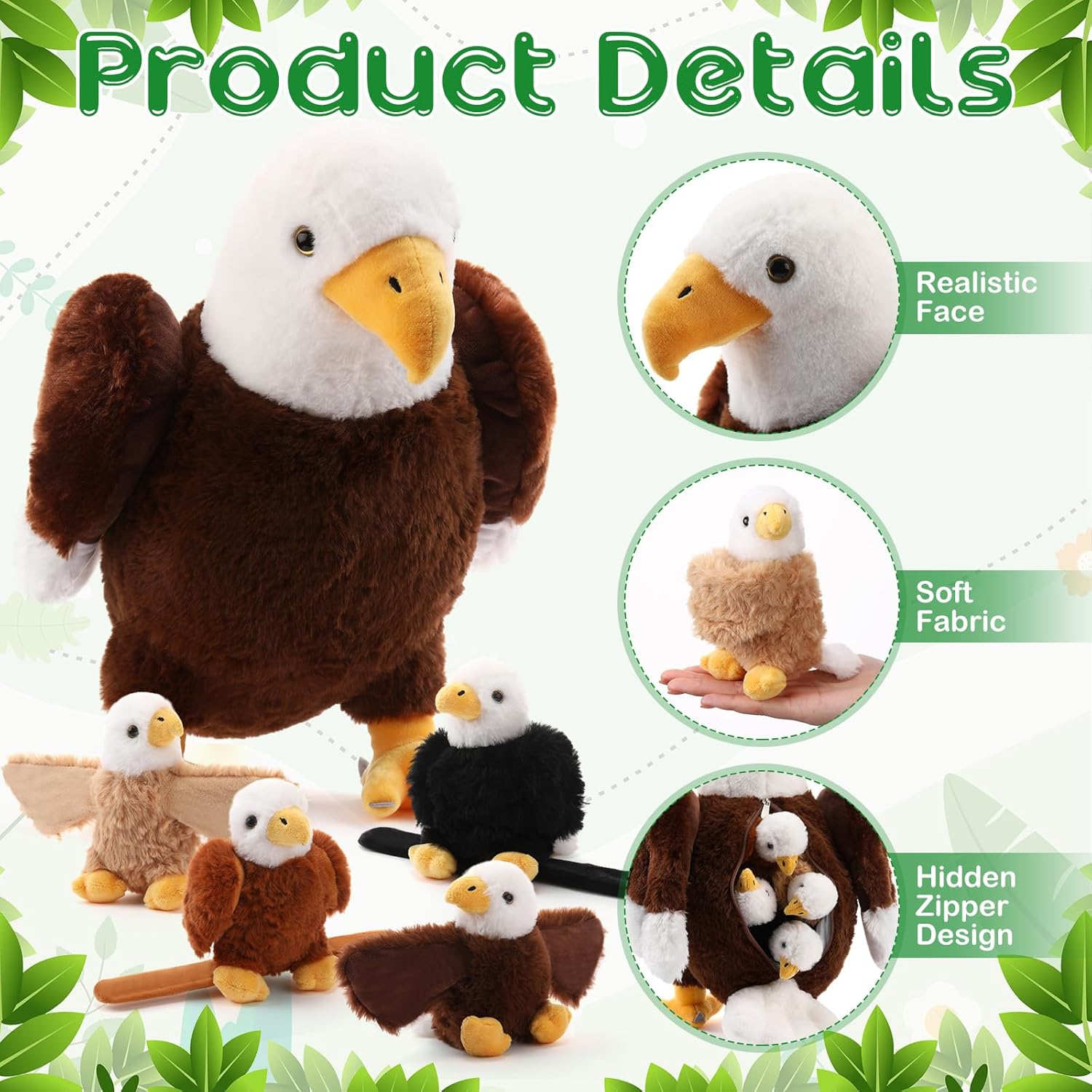 Lenwen 5 Pcs Eagle Stuffed Animal Bulk 1 Plush Mommy with 4 Cute Babies Mixed Plush Wild Bald Eagles Stuffed Animal Toy for Boys Girls Birders Zoo Gifts
