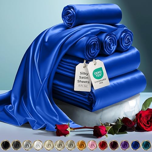DECOLURE Juego de sábanas de satén tamaño Queen, 6 piezas, cómodas sábanas de satén de lujo con tacto de seda para hotel, elegantes y sedosas,