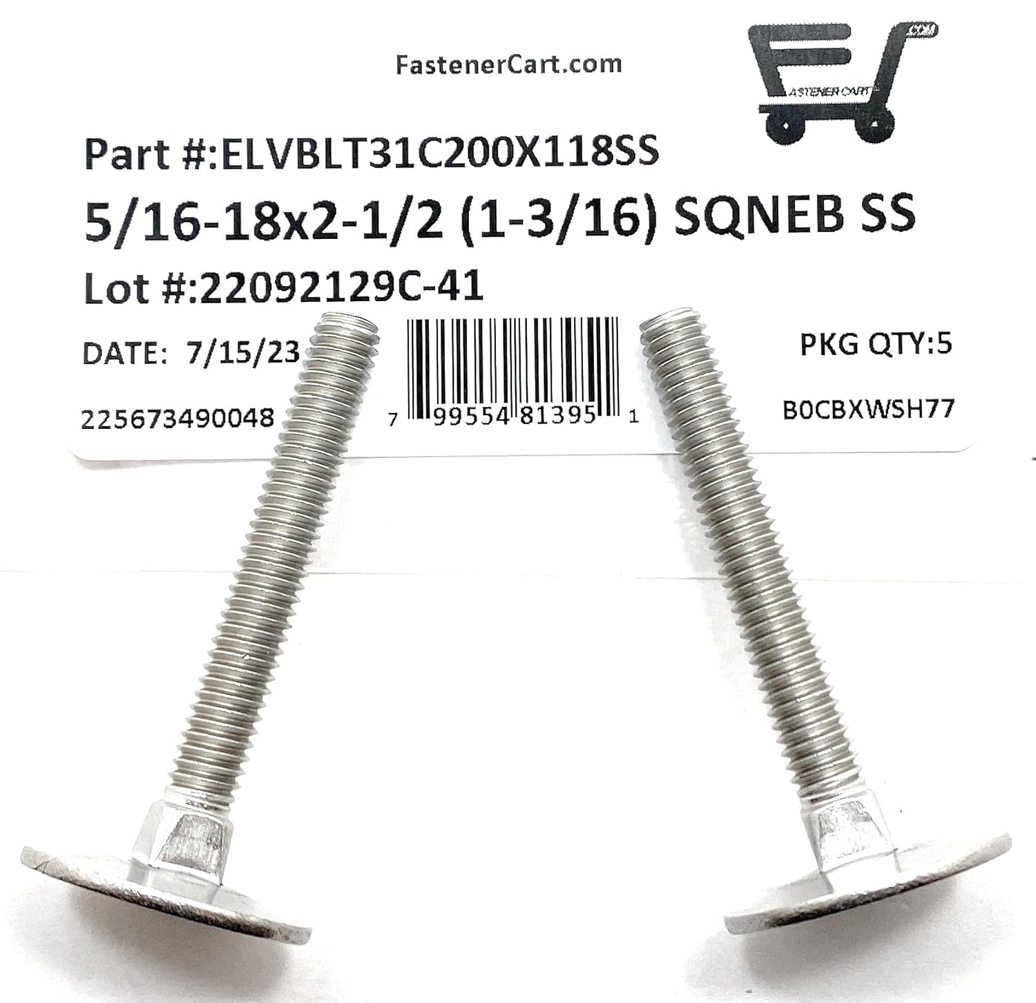 (5) 5/16-18x2-1/2 Stainless Steel Elevator Bolt Square Neck (1-3/16 Diameter Head) 18-8