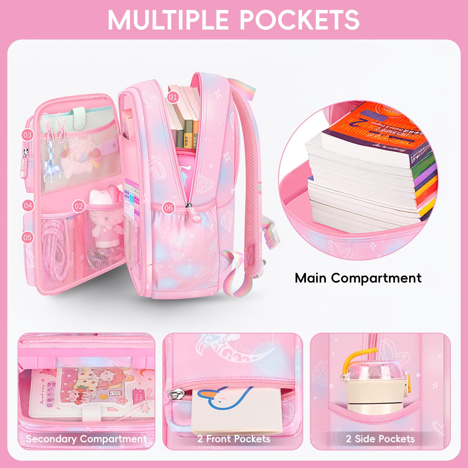 Amythe Schulrucksack Mädchen Set 3 in 1 mit Lunchtasche Federmäppchen | Rucksack Schule Kinder 3 Teilig Schulranzen mit Brustgurt Reflektierend, Schultasche Kawaii Wasserabweisend 26L-Rosa