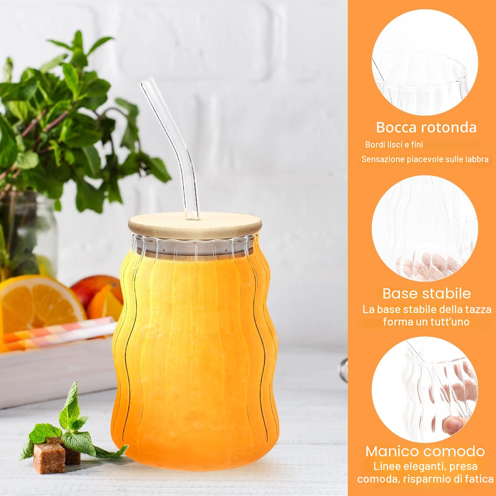 APOMOONS Set di 2 bicchieri con coperchio e cannuccia tazze in vetro a coste caffè ondulato con cannucce trasparenti ghiacciate per acqua, succo di caffè, birra latte