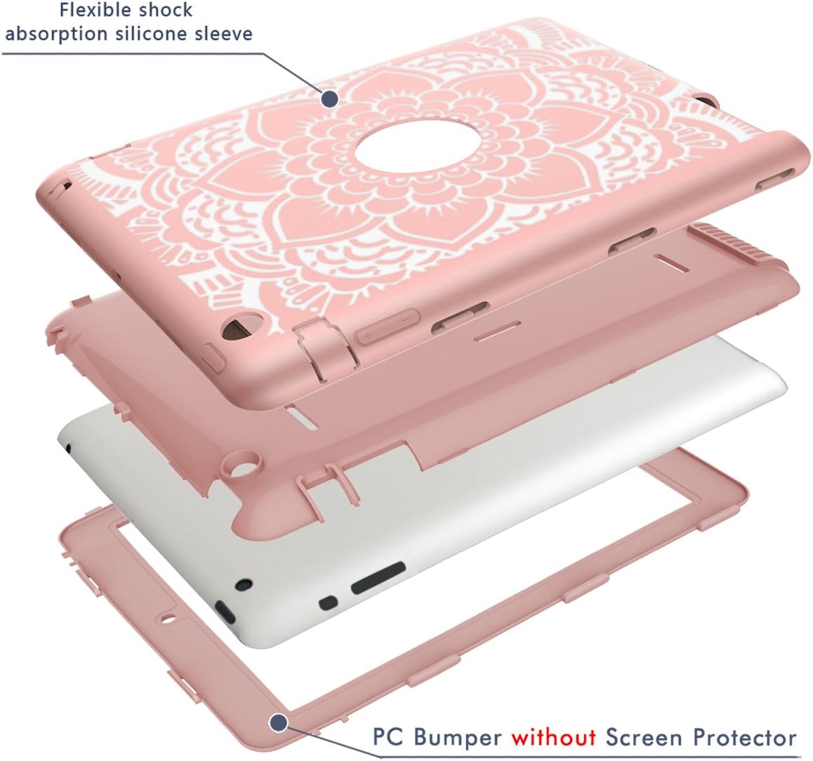 Hocase iPad 2/3/4 Case, Shockproof Heavy Duty Protection Silicone Rubber+Hard Plastic Hybrid Dual Layer Slim Protective Case for iPad 2nd/3rd/4th Generation (9.7-inch) - Rose Gold Mandala Flowers