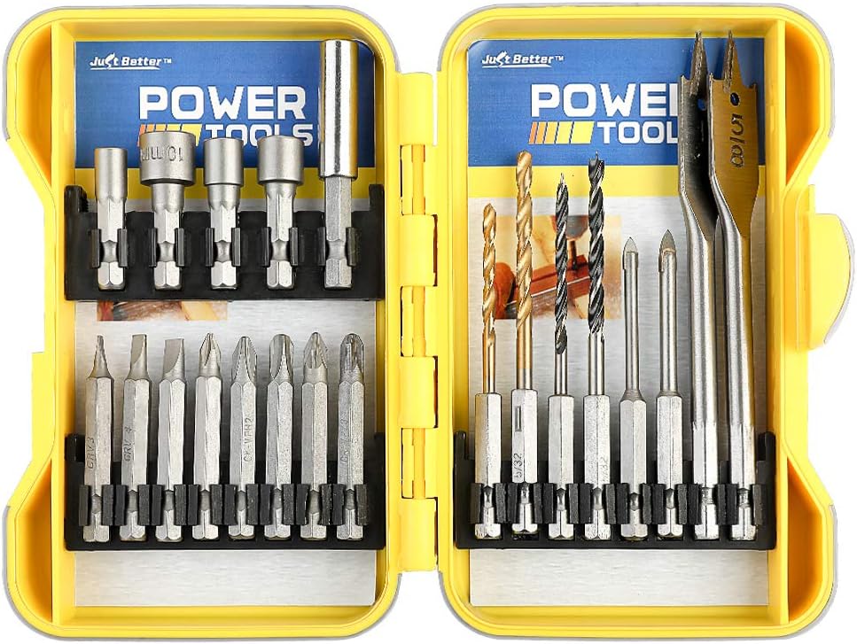 MOKARO 21Pcs Titanium Drill Bit Set Hex Shank High Speed Steel for Wood Plastic, Quick Change Industrial Grade Combination Countersink Spade Drill Set with Compact Case