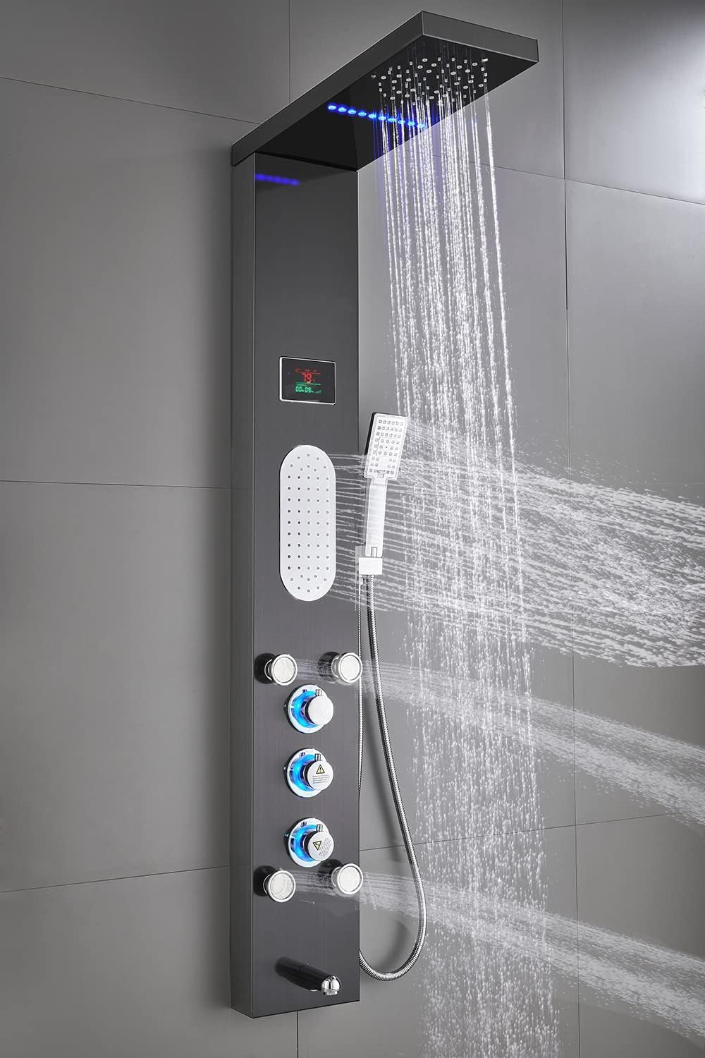ELLO&ALLO Shower Panel installed in a modern bathroom, showcasing its sleek design and multiple water outlets in action.