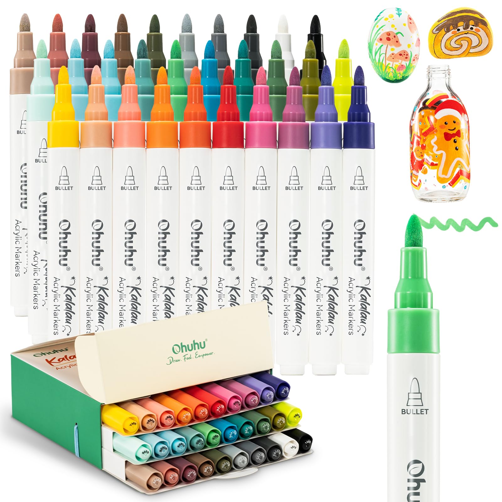 Ohuhu Acrylstifte mit Rundspitze 30 Farben: Hochdeckende & Wasserfeste Acrylmarker für Steine, Ostereier, Holz, Glas, Keramik & Leinwand - Kalalau