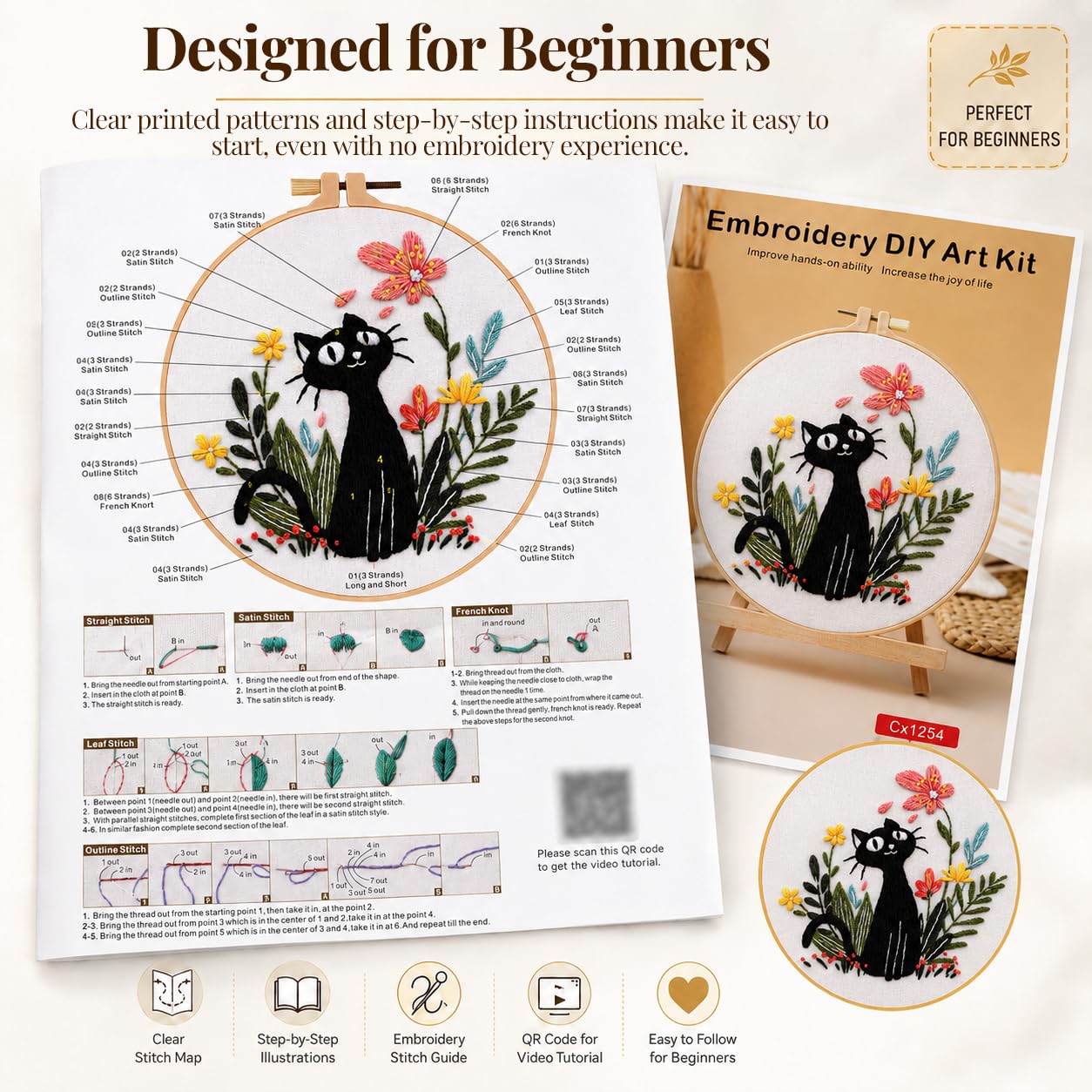 Beginner Embroidery Kit - Cat Cross Stitch Starter -5 Beginner Embroidery Kit - Cat Cross Stitch Starter -5
