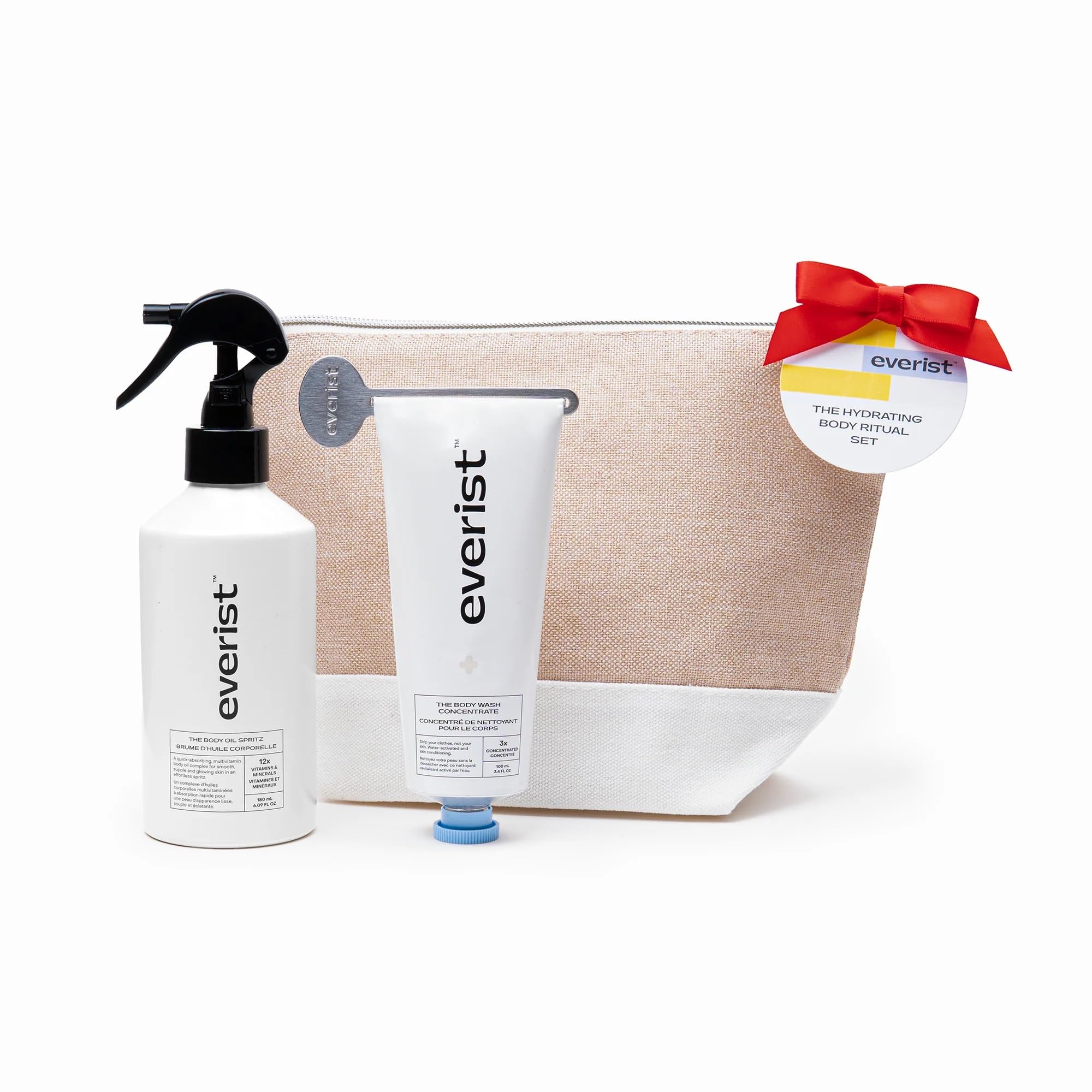 Everist The Hydrating Body Ritual Set, 3.4 fl. oz Body Wash Concentrate & 6.09 fl. oz Post Shower Body Spritz in Jute Travel Bag, Cleansing & Hydrating For All Skin Types