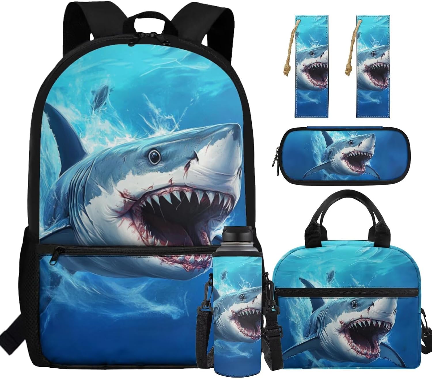 BIGCARJOB Shark Backpack for School Boys Bookbags Set - Lunch Bag Thermal Lunchbox - Durable Leather Bookmark - School Pencil Case - 5 Pack Back to School Backpack Set for 6th Grade Student