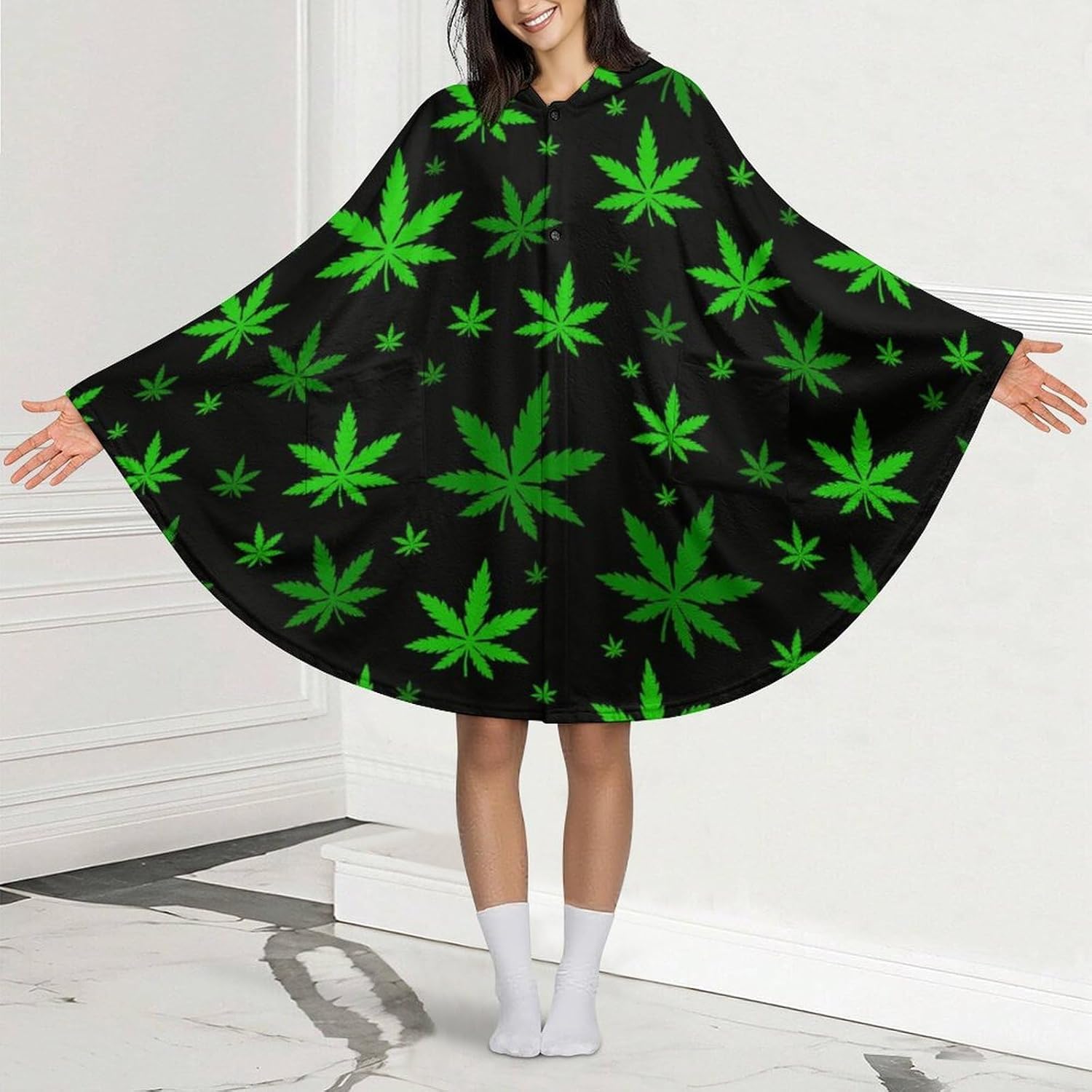 Green Weed Wearable Blanket with Hooded Flannel Blankets Cape with Pocket