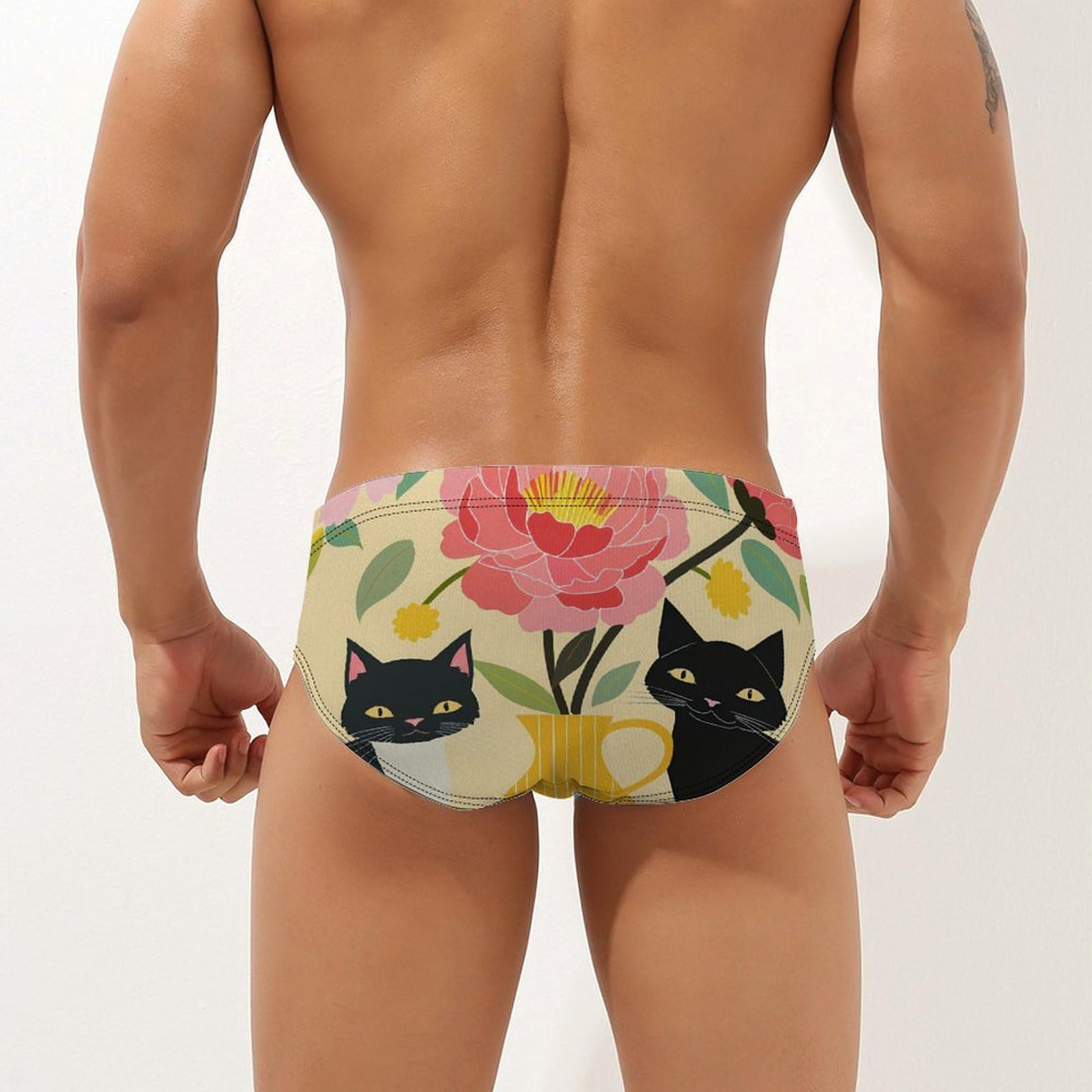 Black Cat Coffee Mens Swim Briefs Bikini Swimwear Print Beach Shorts Sexy Swimsuit L