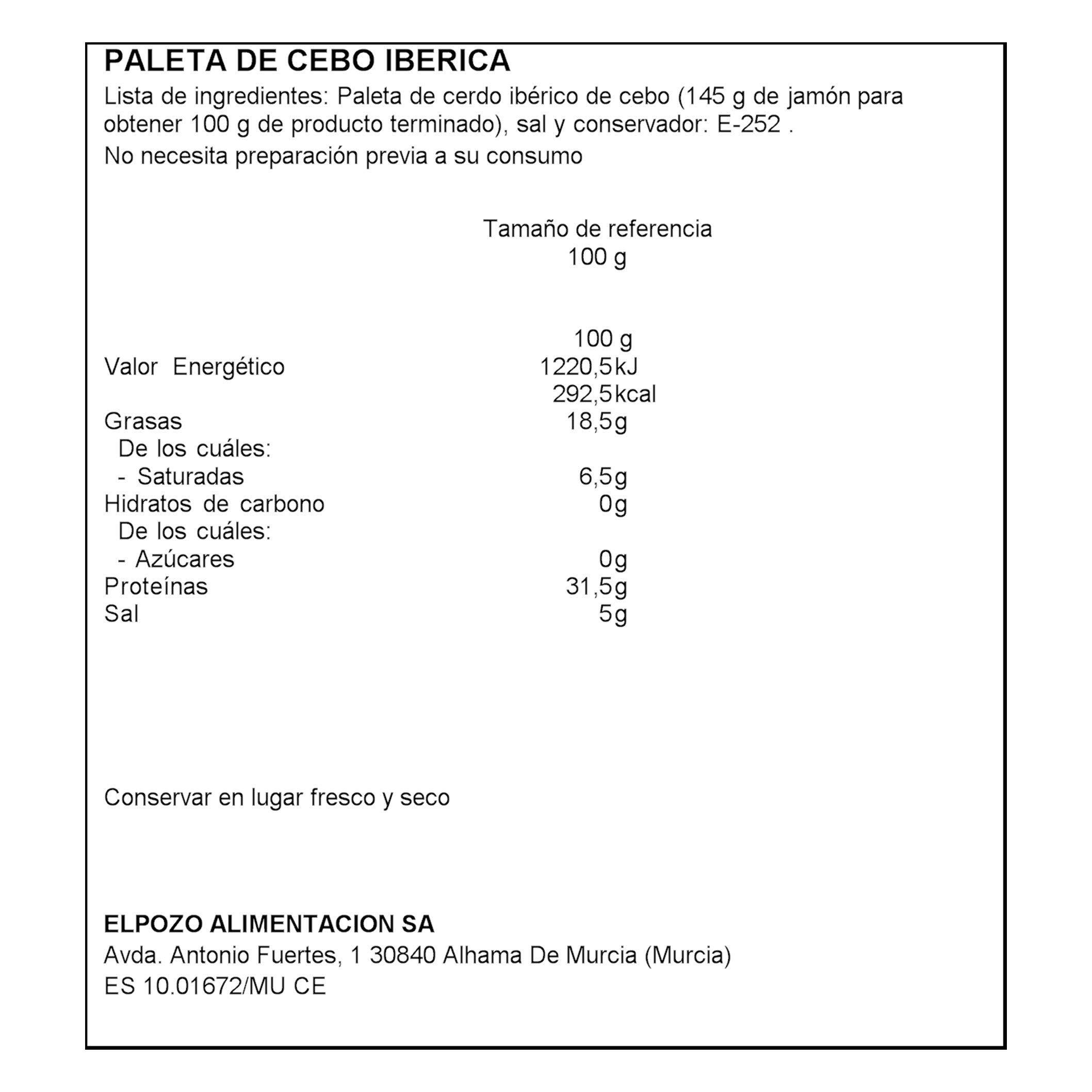ElPozo Paleta Ibérica De Cebo, Deshuesada, 2300 Gramo