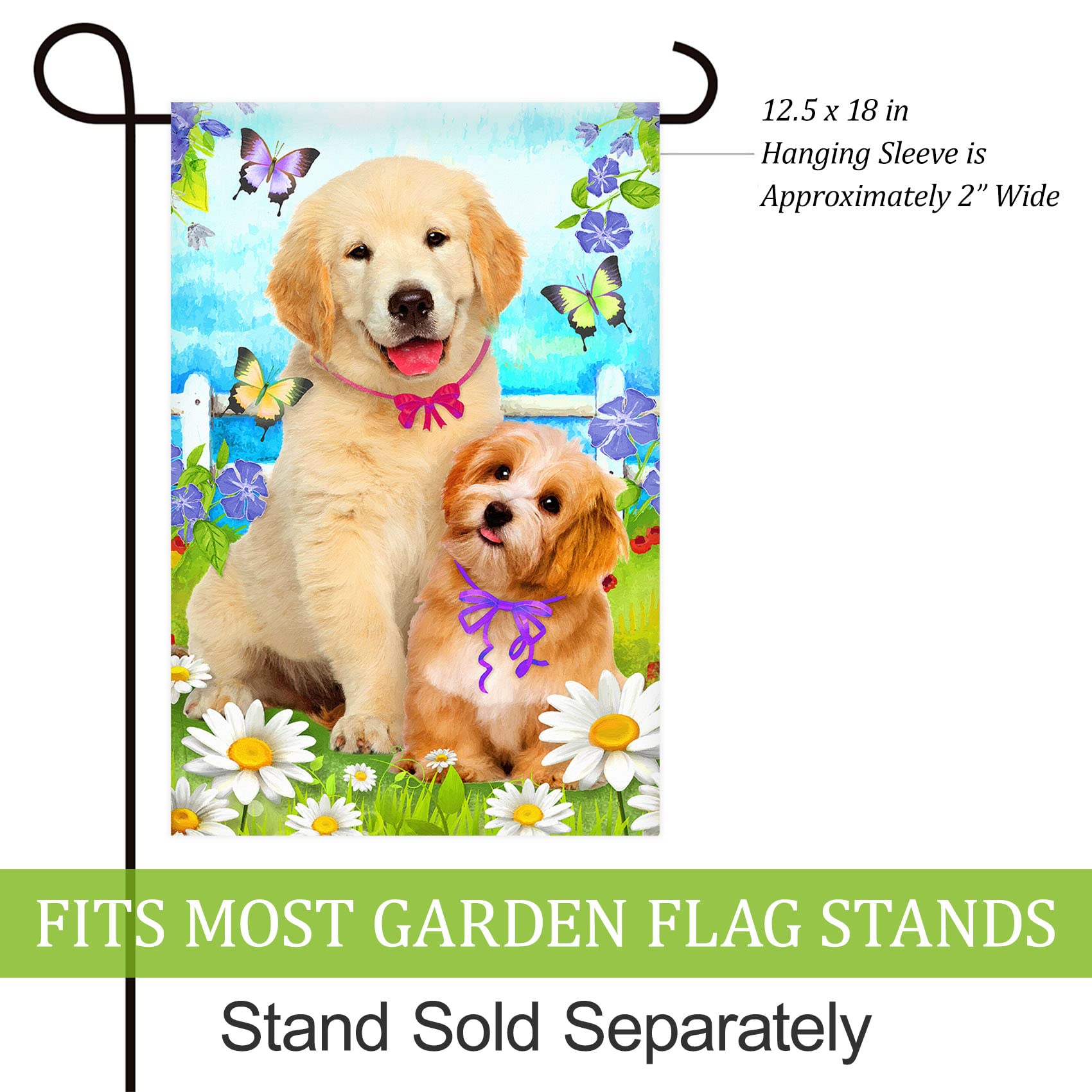 Texupday Gartenflagge „Welcome“ Mit Hund, Schmetterling & Blume – 30,5x45,7 Cm, Doppelseitig, Wetterfest