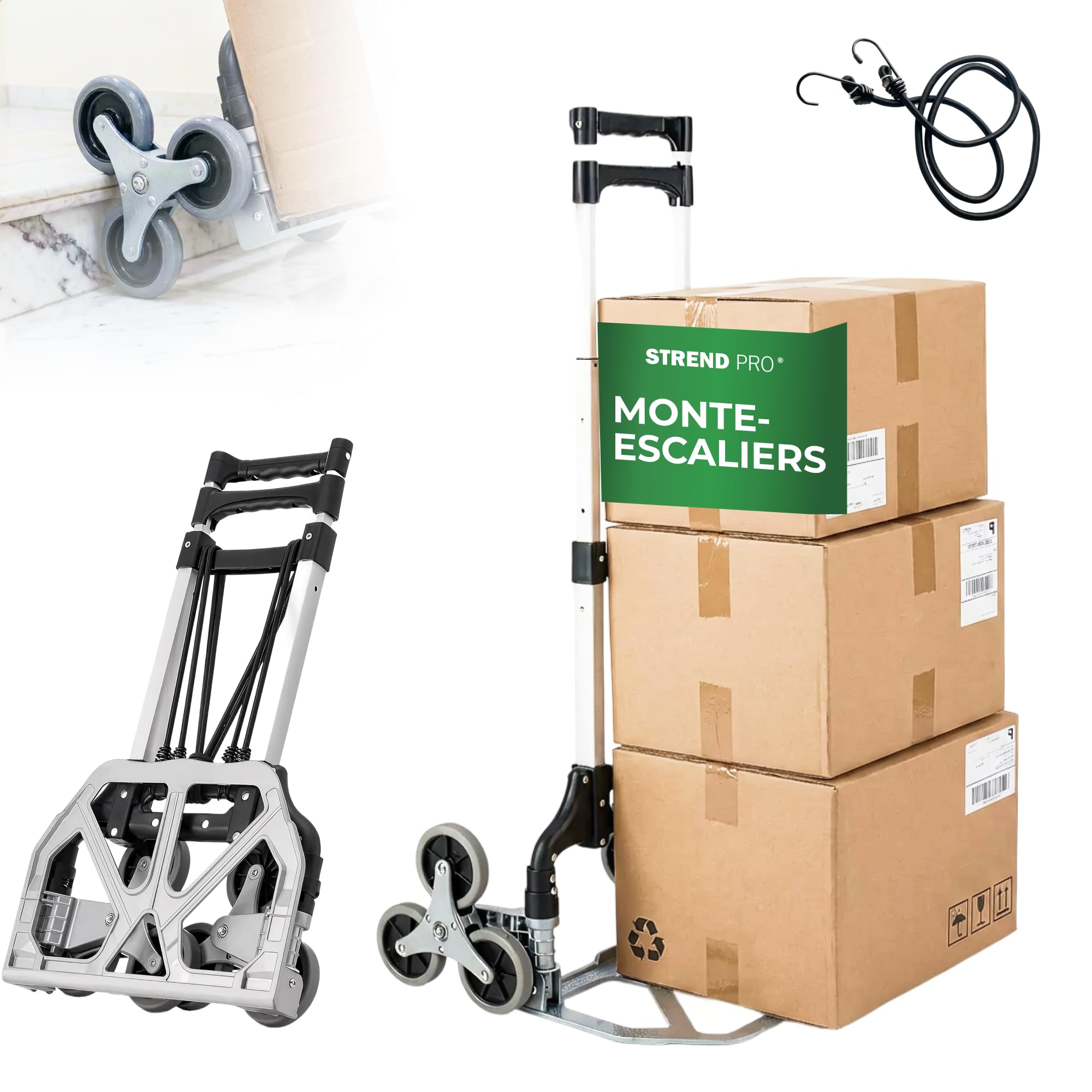STREND PRO Diable Monte-Escalier 80kg | Diable Pliable avec Systeme A 3 Roues | Chariot Robuste pour Escaliers & Marches | Diable Reglable en Hauteur & Compact