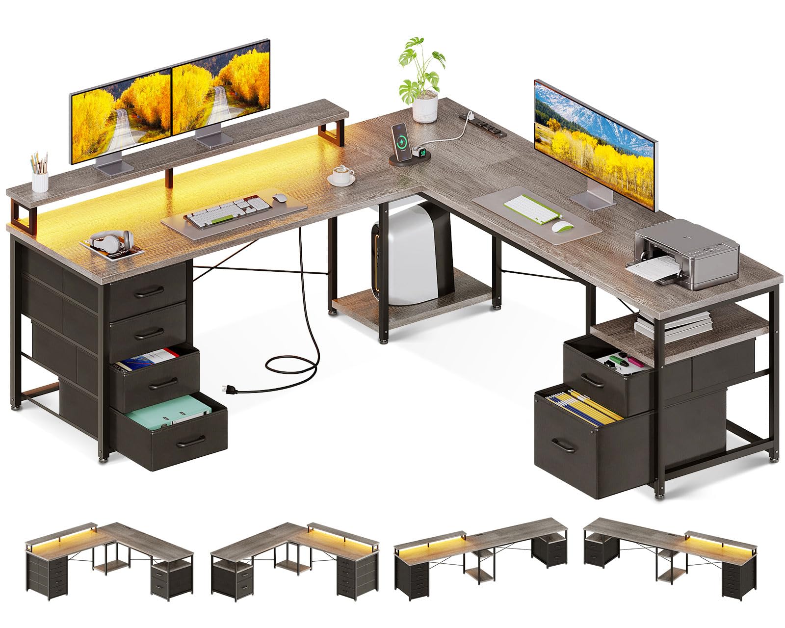 AODK 66" L Shaped Desk, 113" Computer Desk with File Cabinet & 4 Fabric Drawers, Home Office Desk with Monitor Shelf & Power Outlet, Two Person Desk or Corner Desk, Gaming Table with LED Light, Grey